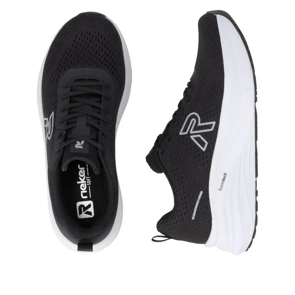 Black textile lace-up trainers with white midsole and "Rieker" logo, featuring breathable mesh and foam technology.