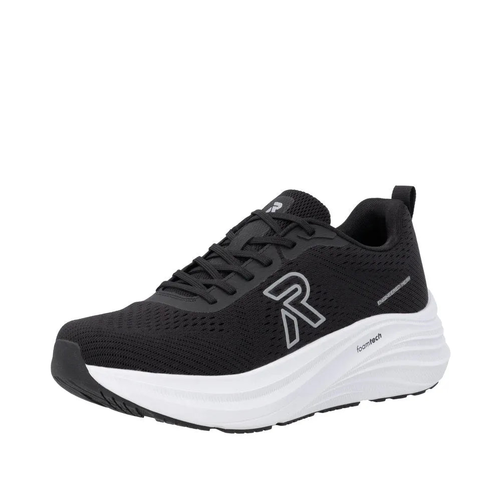 Black textile lace-up trainers with white foamtech sole, logo details, and breathable upper for women.