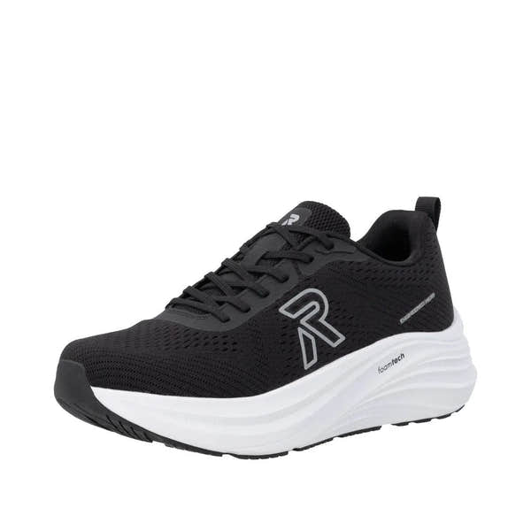 Black textile lace-up trainers with white foamtech sole, logo details, and breathable upper for women.