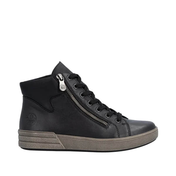 Rieker X0709-01 women's black leather ankle boots with lace-up and side zipper, rugged rubber sole, stylish and comfortable footwear.