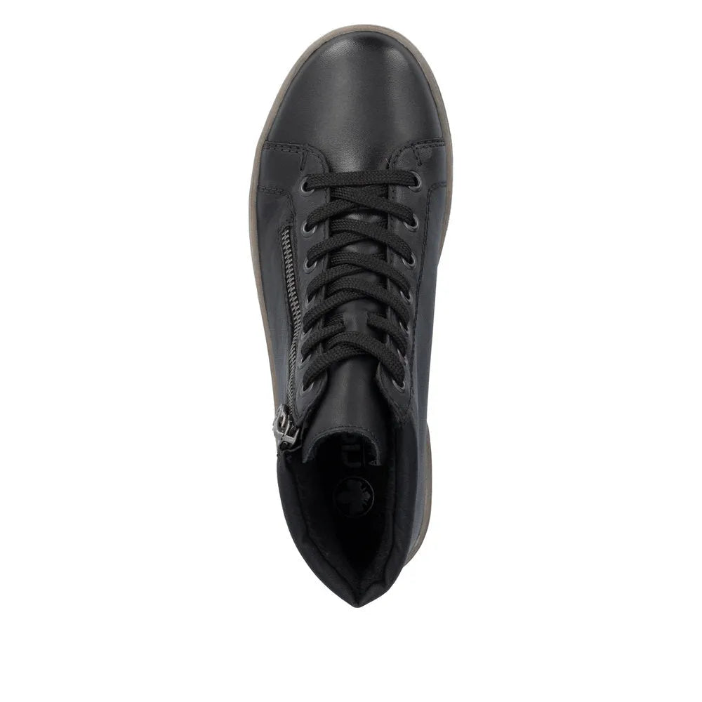 Rieker X0709-01 women's black leather ankle boots with lace-up and side zipper, stylish and durable footwear.