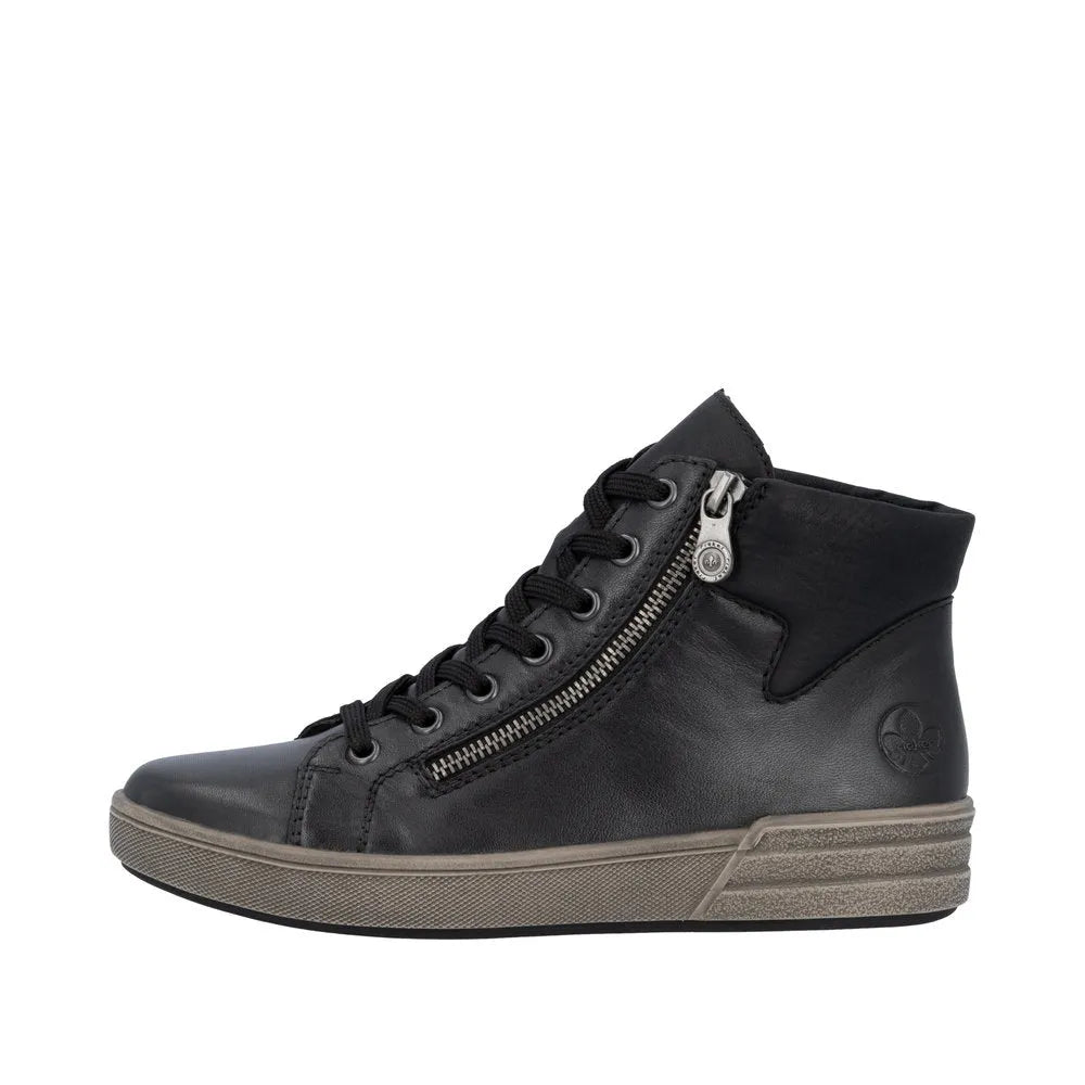 Rieker X0709-01 women's black leather ankle boots with side zipper, lace-up front, and sporty rubber sole.