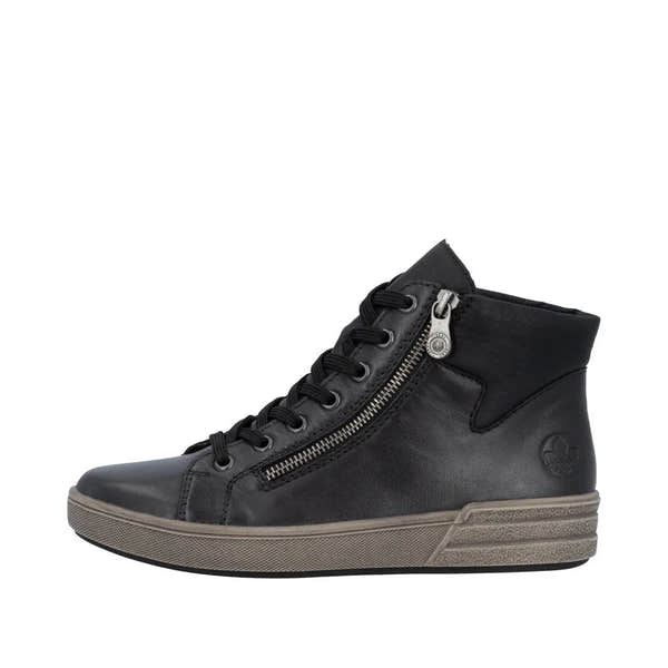 Rieker X0709-01 women's black leather ankle boots with side zipper, lace-up front, and sporty rubber sole.