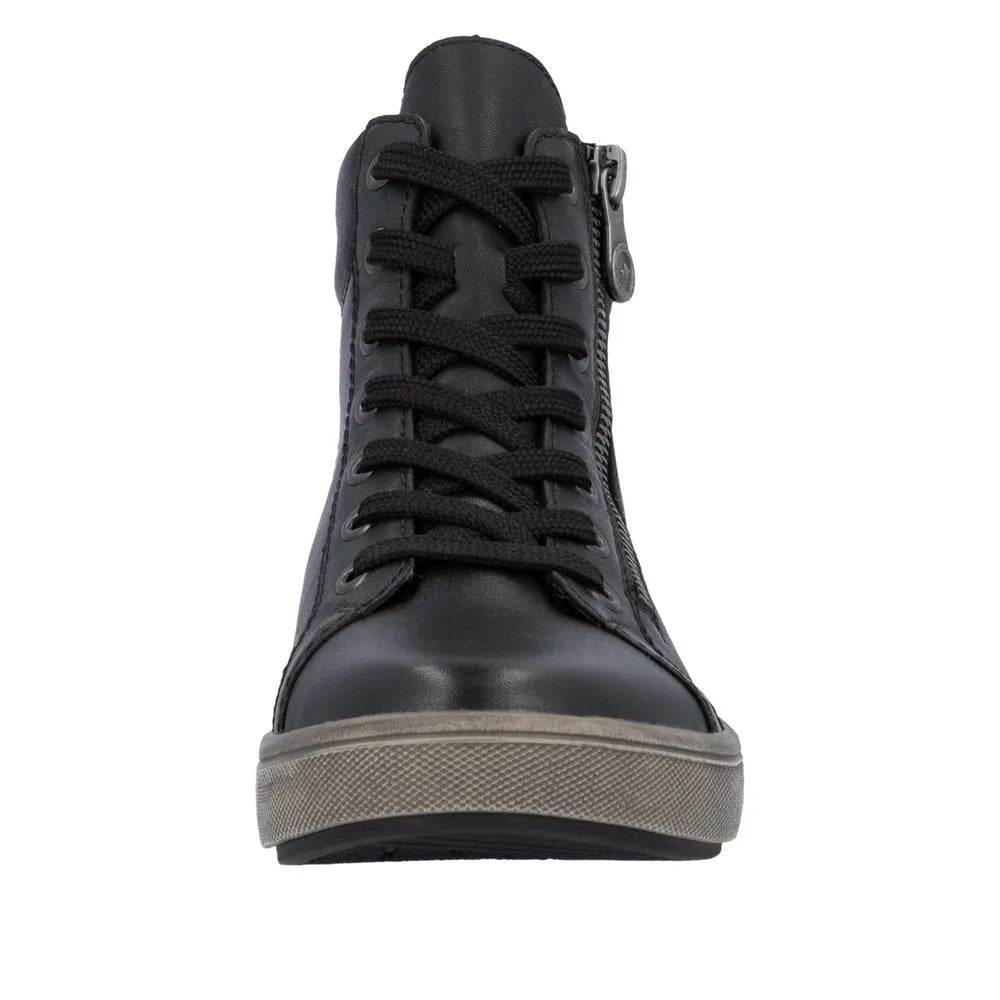 Rieker X0709-01 women's black leather ankle boots with zipper and lace-up closure, stylish and comfortable footwear.