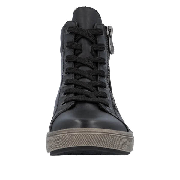 Rieker X0709-01 women's black leather ankle boots with zipper and lace-up closure, stylish and comfortable footwear.