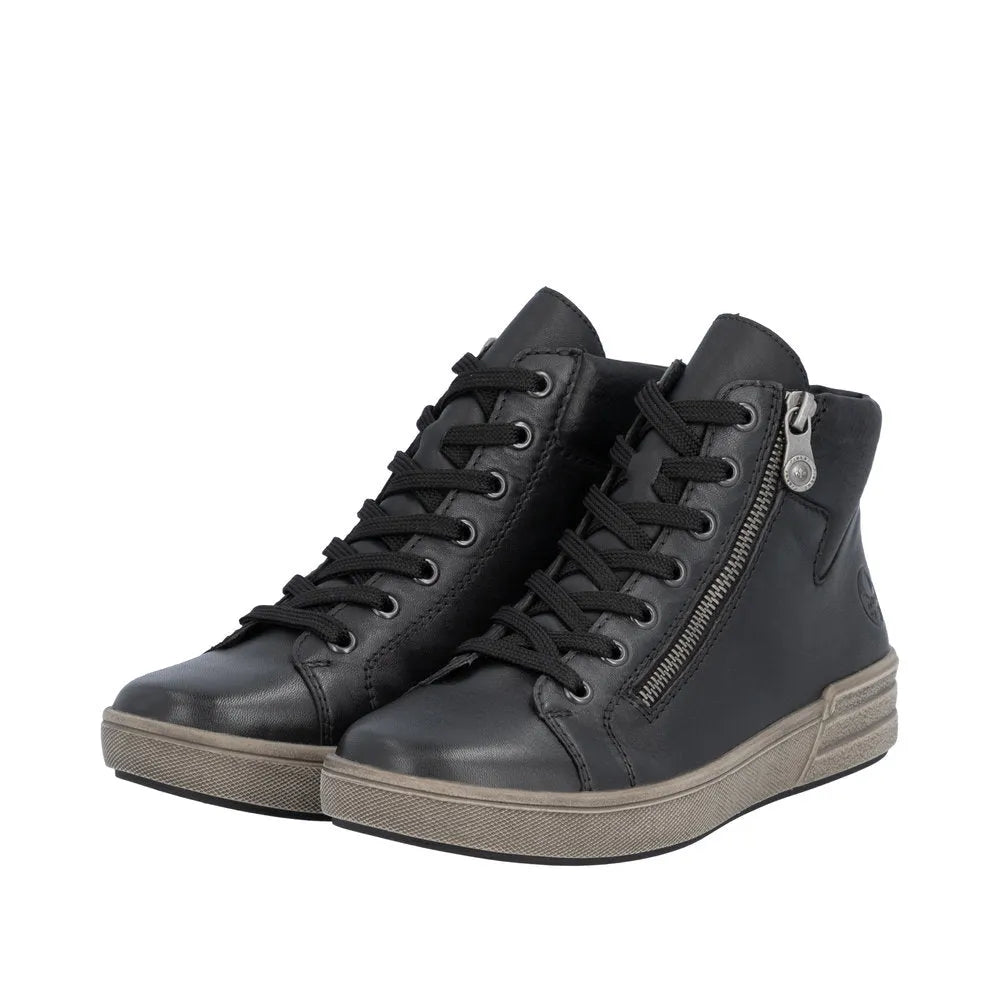 Rieker X0709-01 women's black leather ankle boots with lace-up front and side zipper, stylish and comfortable footwear.