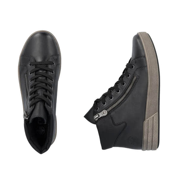 Rieker X0709-01 women's black leather ankle boots with zip and lace-up detail, stylish and comfortable footwear.