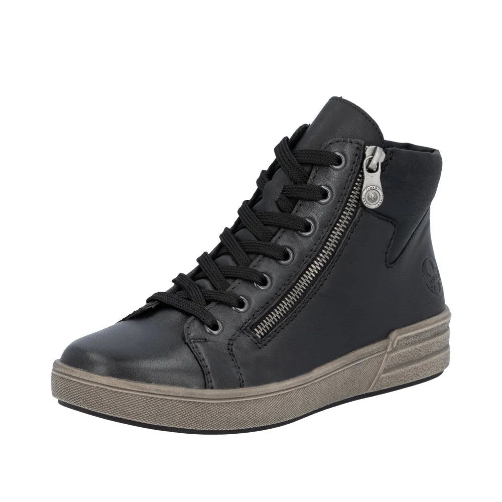 Rieker X0709-01 women's black leather ankle boots with lace-up, side zipper, and padded collar for comfort.