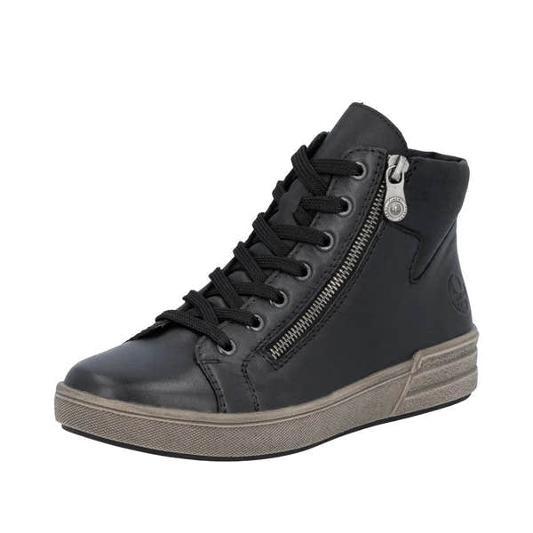 Rieker X0709-01 women's black leather ankle boots with lace-up, side zipper, and padded collar for comfort.