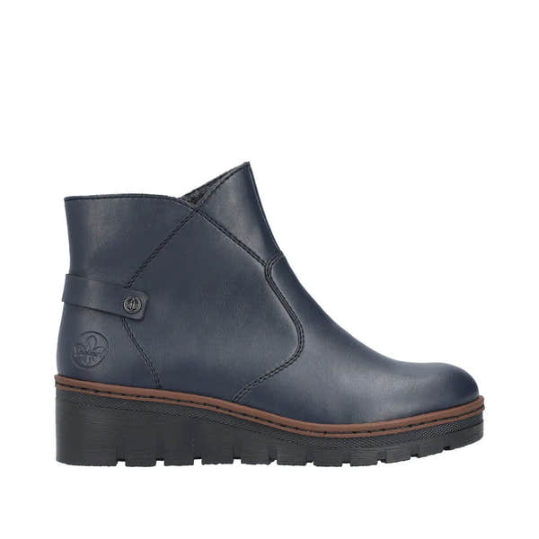 Rieker X9164-14 Women's Blue Side Zip Ankle Boots with chunky sole and stylish design. Perfect for casual wear.