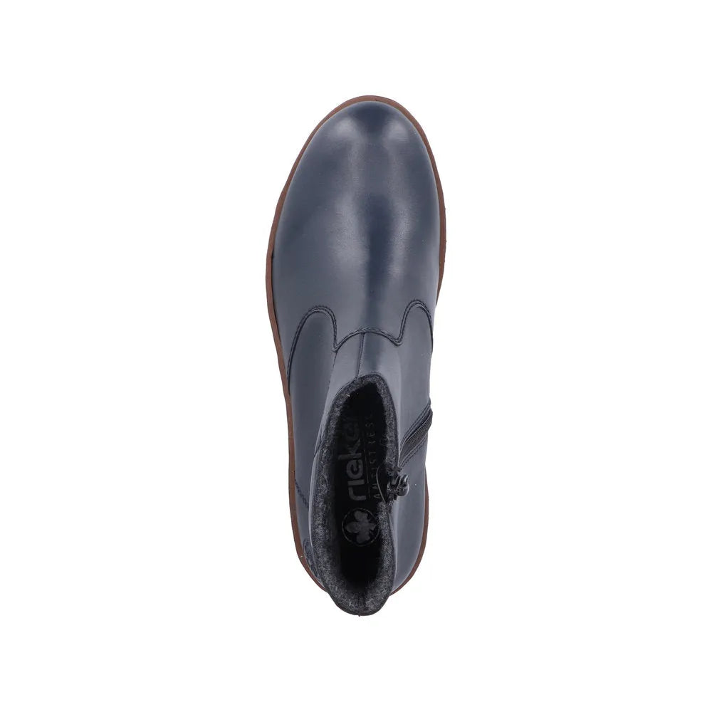 Rieker X9164-14 women's blue ankle boots with side zipper, leather upper, and cushioned interior for style and comfort.