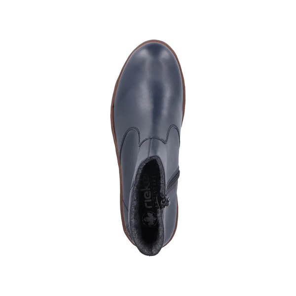 Rieker X9164-14 women's blue ankle boots with side zipper, leather upper, and cushioned interior for style and comfort.