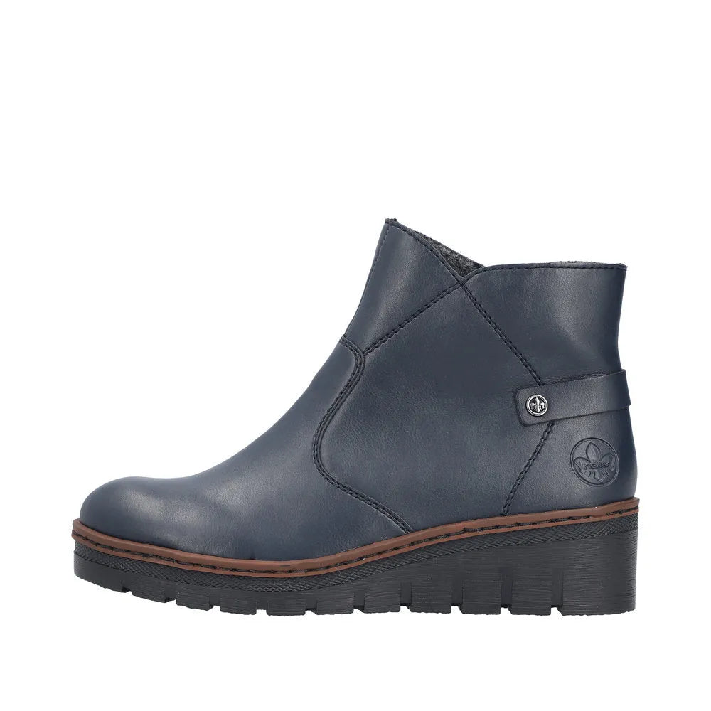 Rieker X9164-14 women's blue ankle boots with side zipper, low heel, and round toe, ideal for stylish casual wear.