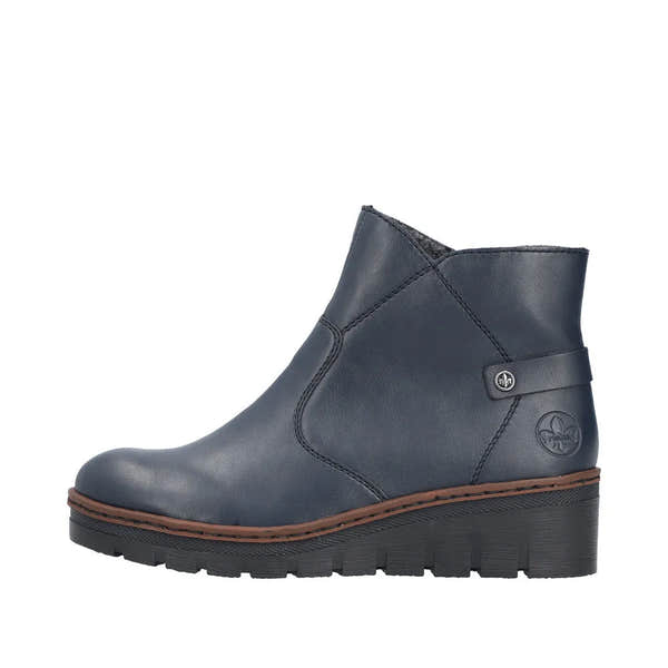 Rieker X9164-14 women's blue ankle boots with side zipper, low heel, and round toe, ideal for stylish casual wear.