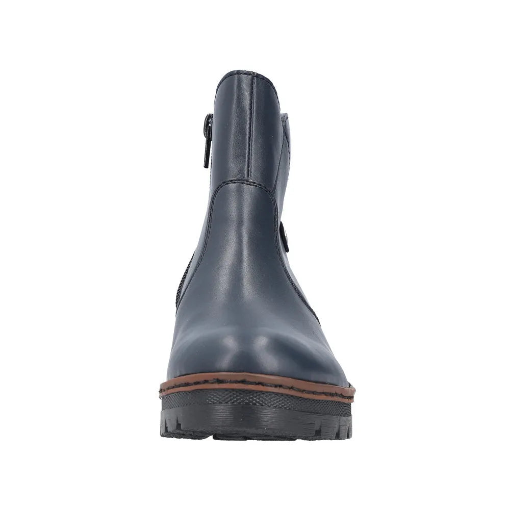 Rieker X9164-14 women's blue ankle boots with side zipper and rugged sole, stylish and comfortable for casual wear.