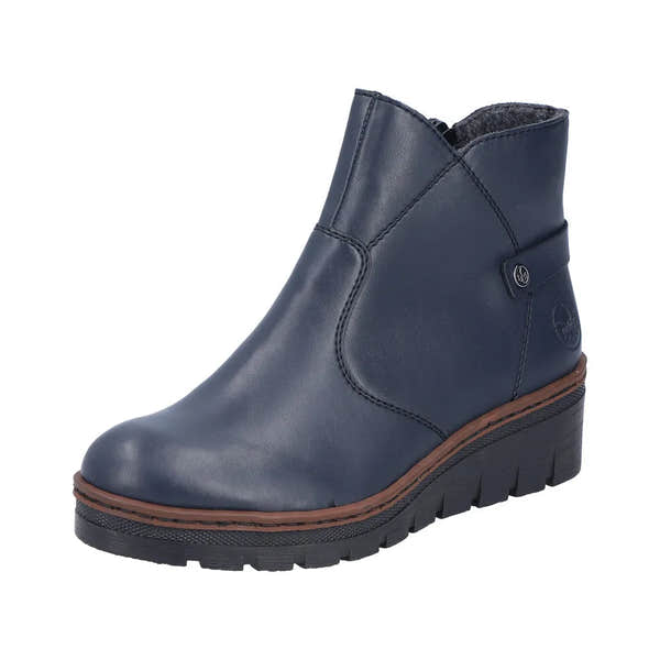 Rieker X9164-14 women's navy blue ankle boots with side zipper, black sole, and ankle-height design.
