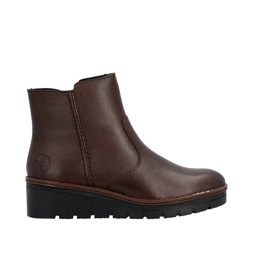 Rieker X9165-27 women's brown leather ankle boots with side zipper and chunky black sole, stylish and comfortable footwear.