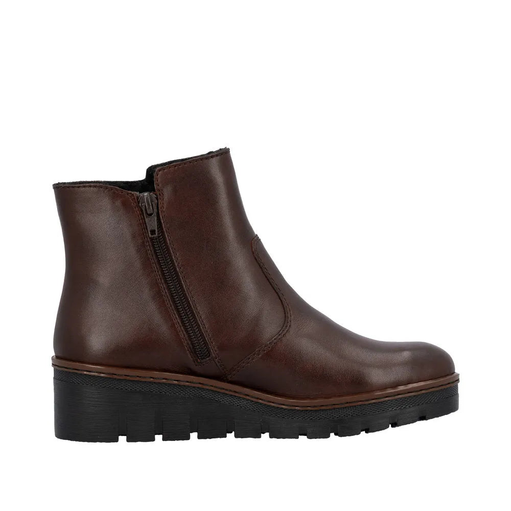 Rieker X9165-27 women's brown leather ankle boots with side zipper and chunky black outsole.