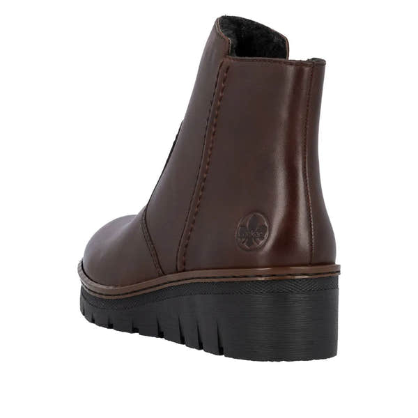 Rieker X9165-27 women's brown leather ankle boots with side zip and chunky black sole.