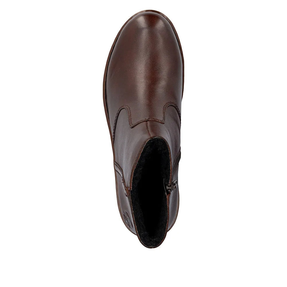 Rieker X9165-27 Ladies Brown Leather Side Zip Ankle Boots, stylish and comfortable with ankle coverage and zip closure.