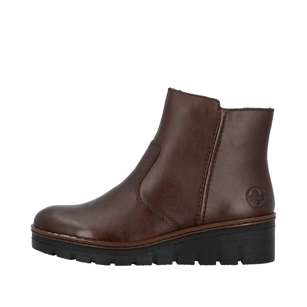 Rieker X9165-27 women's brown leather ankle boots with side zipper and chunky black sole.