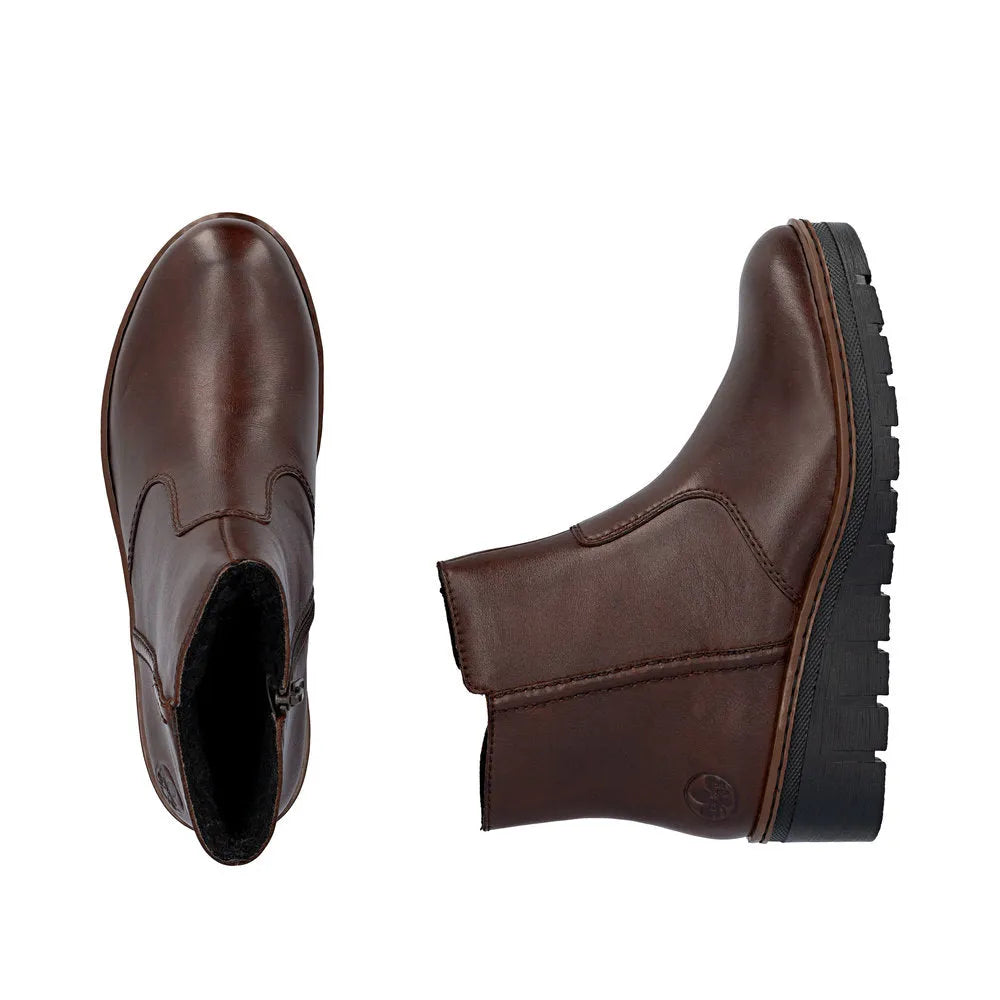 Rieker X9165-27 women's brown leather ankle boots with side zip and chunky sole.
