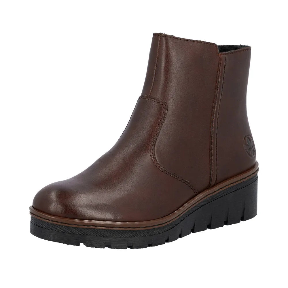 Rieker X9165-27 women's brown leather ankle boots with side zipper and chunky black sole.