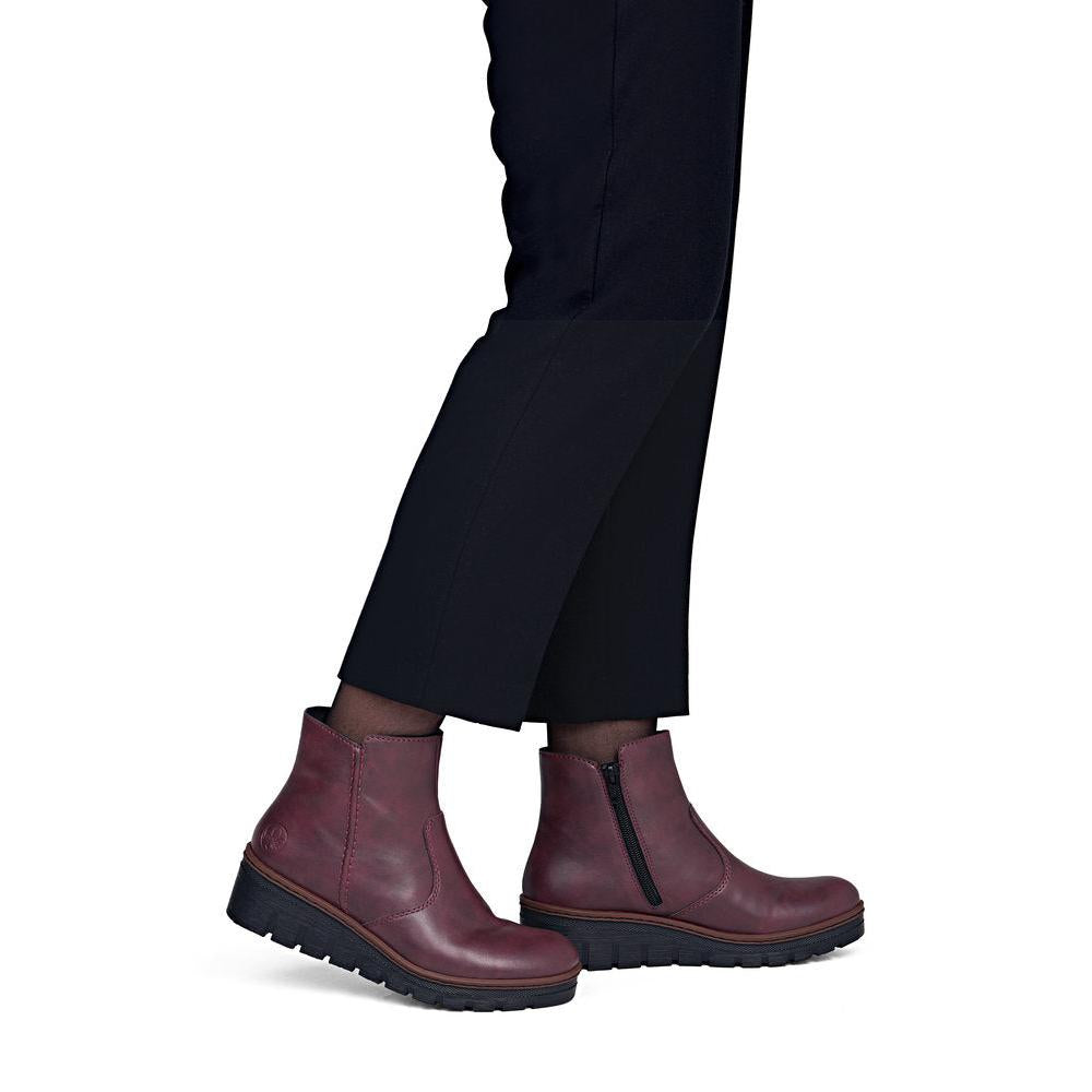 Rieker X9165-35 Ladies Wine Side Zip Ankle Boots