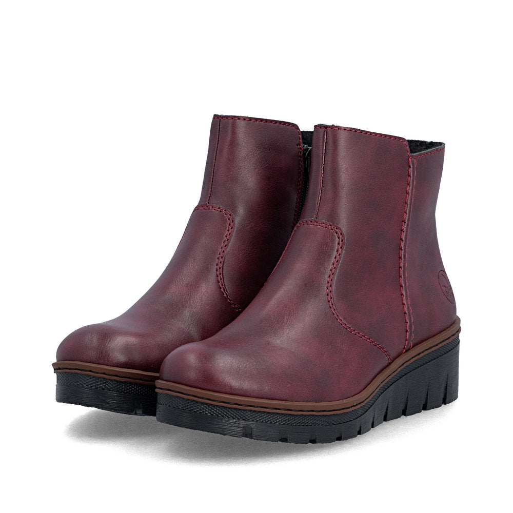 Rieker X9165-35 Ladies Wine Side Zip Ankle Boots