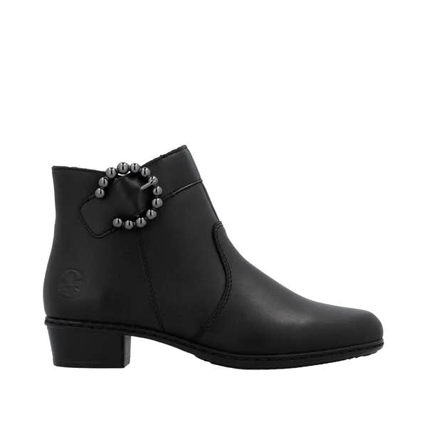 Rieker Y0797-00 women's black leather ankle boots with side zip and decorative bead buckle detail.