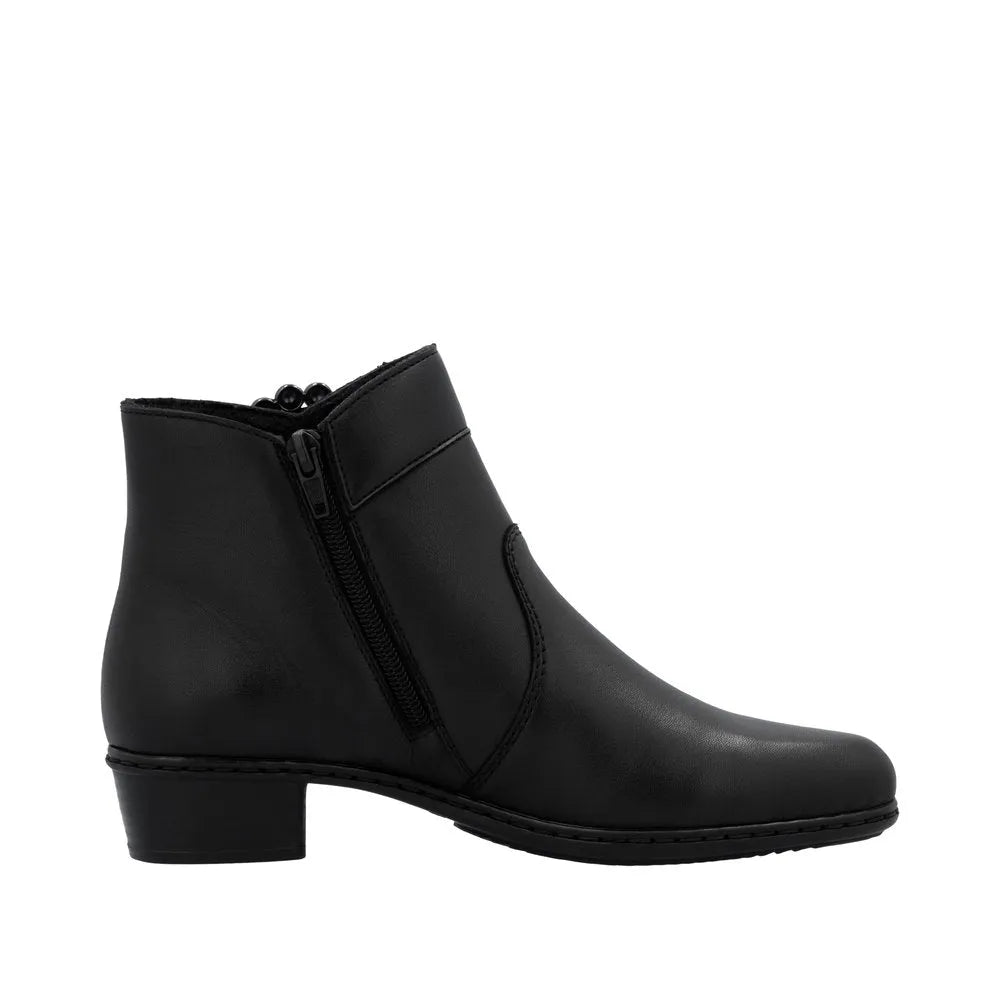 Rieker Y0797-00 women's black leather ankle boots with side zipper and block heel.