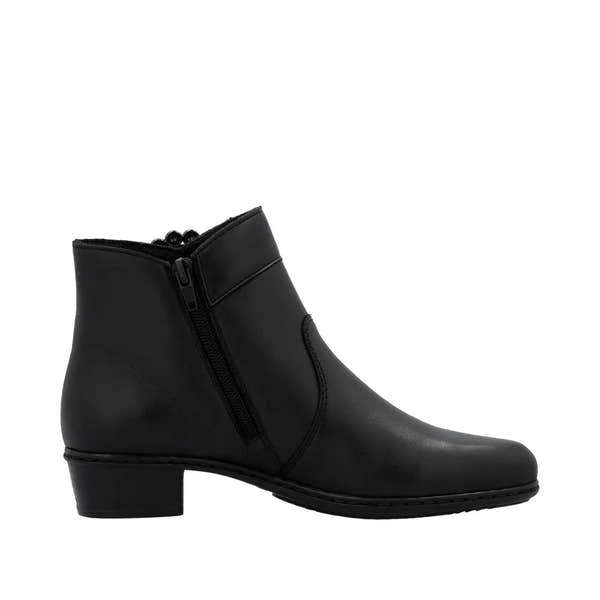 Rieker Y0797-00 women's black leather ankle boots with side zipper and block heel.