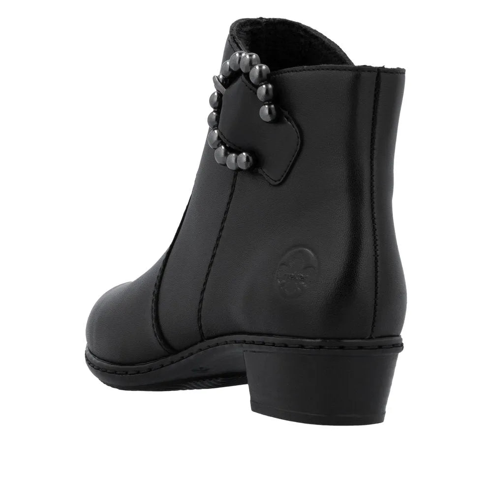 Rieker Y0797-00 women's black leather ankle boots with side zipper and decorative pearl-embellished buckle.
