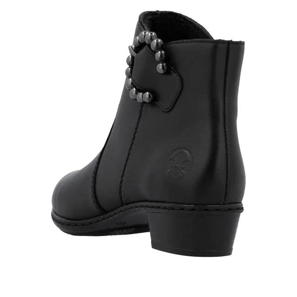 Rieker Y0797-00 women's black leather ankle boots with side zipper and decorative pearl-embellished buckle.