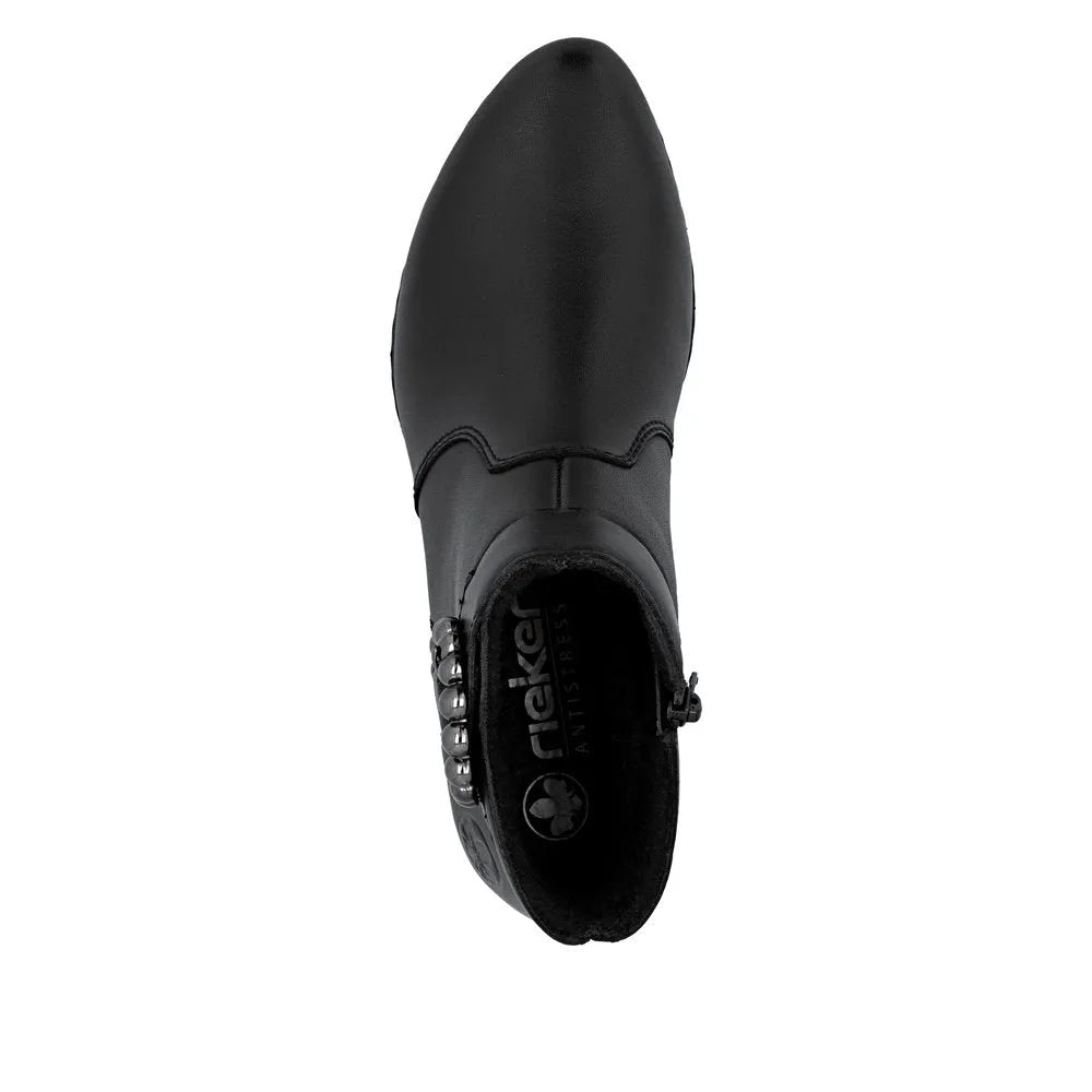 Rieker Y0797-00 ladies black leather ankle boots with side zipper and decorative metallic studs.