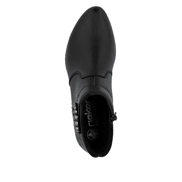 Rieker Y0797-00 ladies black leather ankle boots with side zipper and decorative metallic studs.