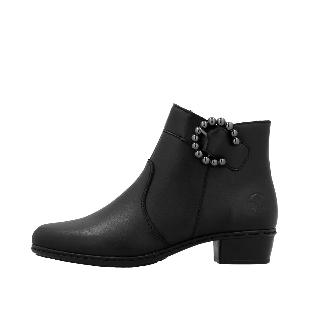 Rieker Y0797-00 women's black leather ankle boots with side zipper and decorative buckle detail.