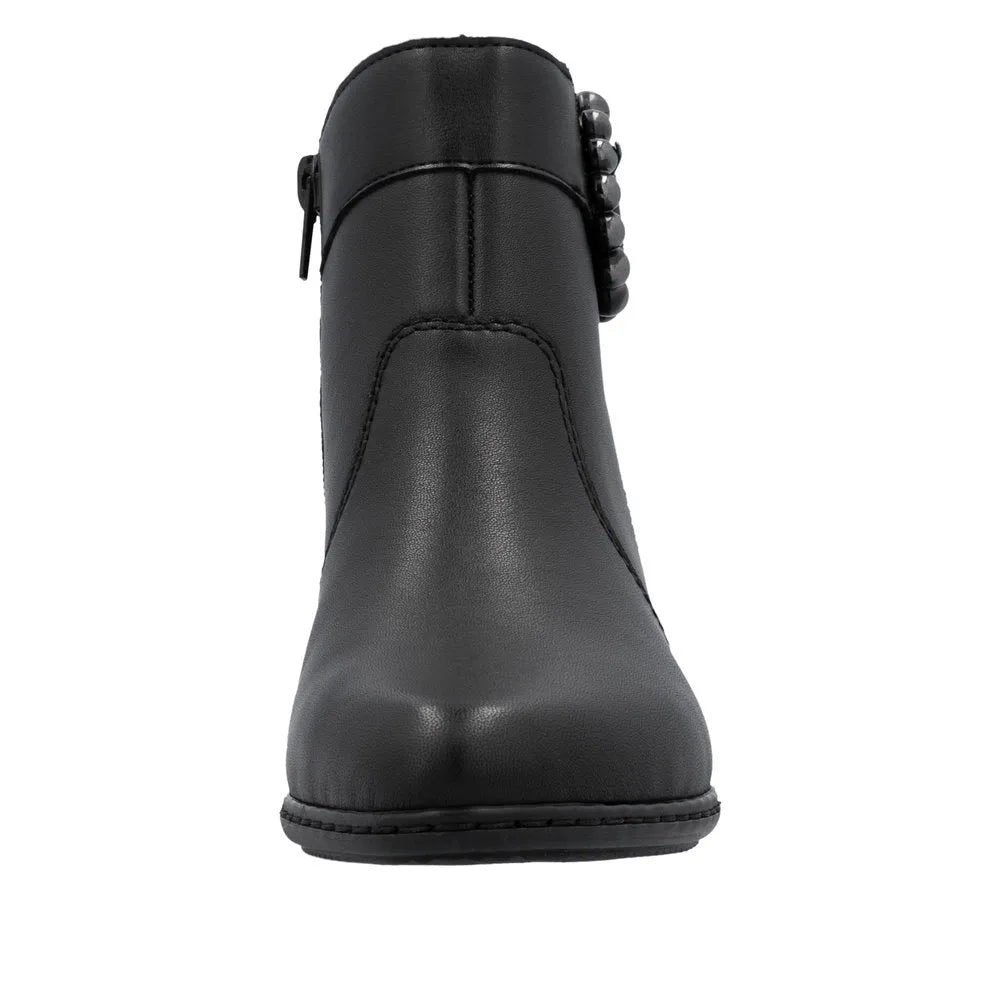 Rieker Y0797-00 women's black leather ankle boots with side zipper and stylish design.