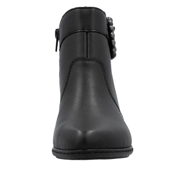 Rieker Y0797-00 women's black leather ankle boots with side zipper and stylish design.