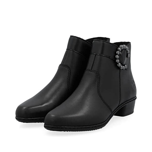 Rieker Y0797-00 ladies black leather ankle boots with side zip and decorative buckle, mid-heel, stylish and comfortable footwear.