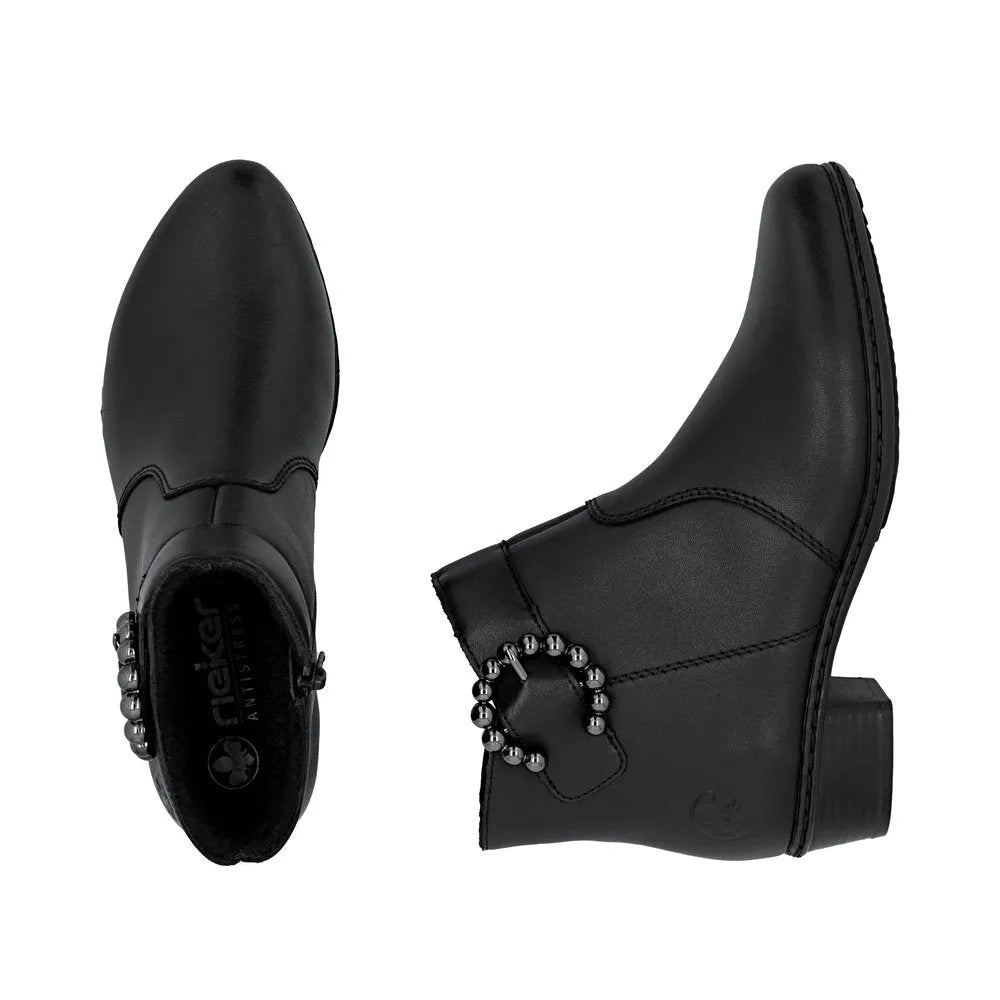 Black leather women's ankle boots with side zipper, chunky heel, and decorative bead details.
