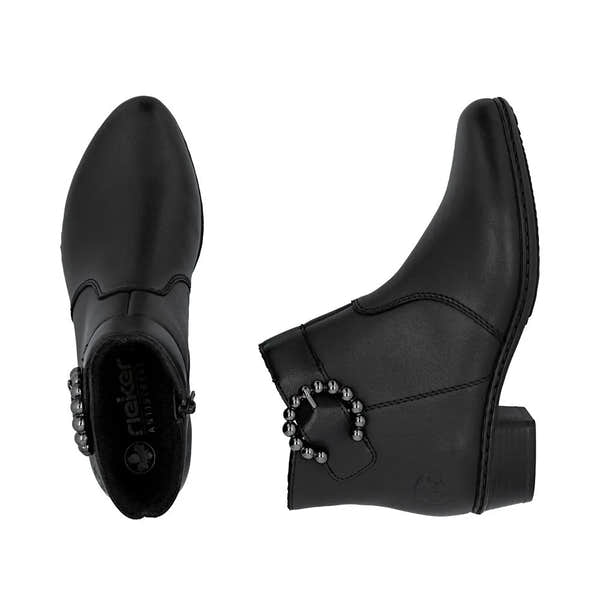 Black leather women's ankle boots with side zipper, chunky heel, and decorative bead details.