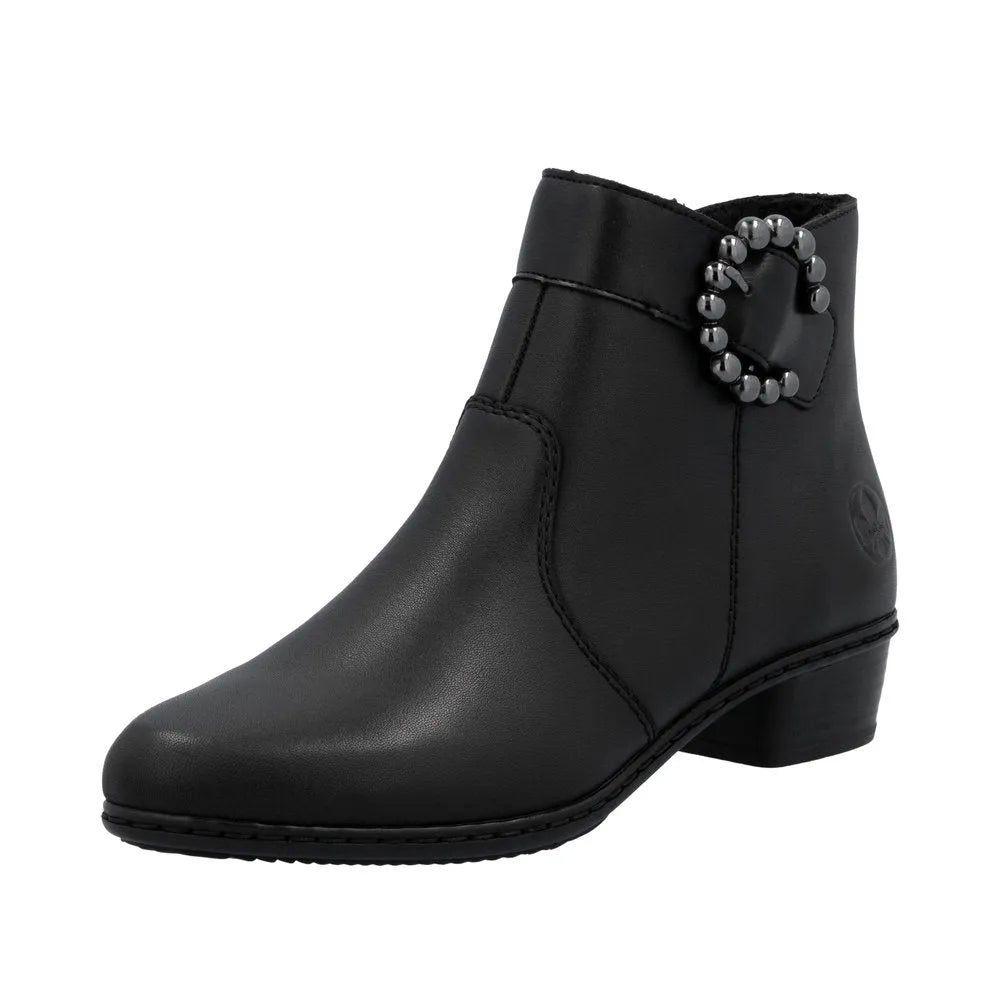 Rieker Y0797-00 women's black leather ankle boot with side zip and decorative bead detail over ankle strap, low block heel.