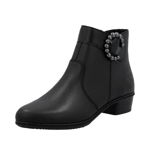 Rieker Y0797-00 women's black leather ankle boot with side zip and decorative bead detail over ankle strap, low block heel.