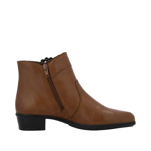 Rieker Y0797-24 women's brown leather ankle boots with side zipper and low stacked heel.