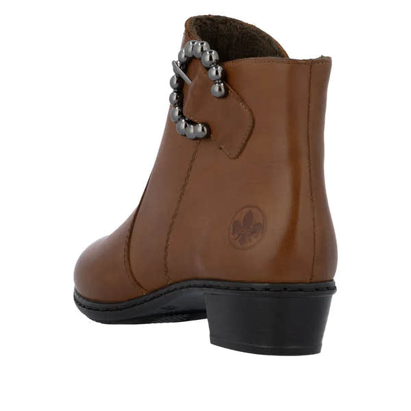Rieker Y0797-24 women's brown leather ankle boots with side zipper and decorative bead detail.