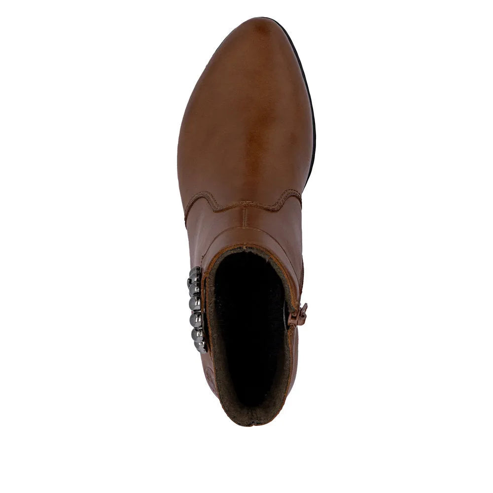 Rieker Y0797-24 women's brown leather ankle boots with side zipper and decorative studs, ankle-high design, and cozy black lining.