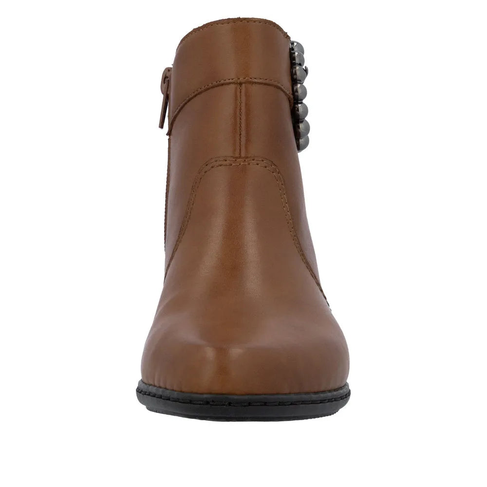 Rieker Y0797-24 women's brown leather ankle boots with side zipper and studded heel detail.
