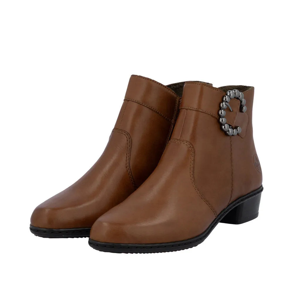 Rieker Y0797-24 women's brown leather ankle boots with side zip, low heel, and decorative embellishment.