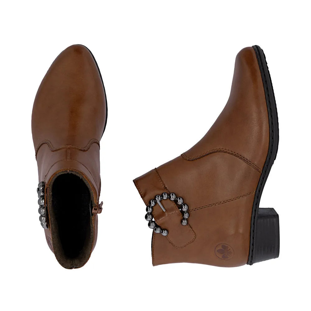 Rieker Y0797-24 women's brown leather ankle boots with side zipper and studded buckle detail, low block heel, stylish and comfortable.